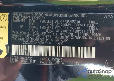 2005 Lexus Rx 330 z USA, uszkodzony, nr VIN 2T2GA31U45C042310